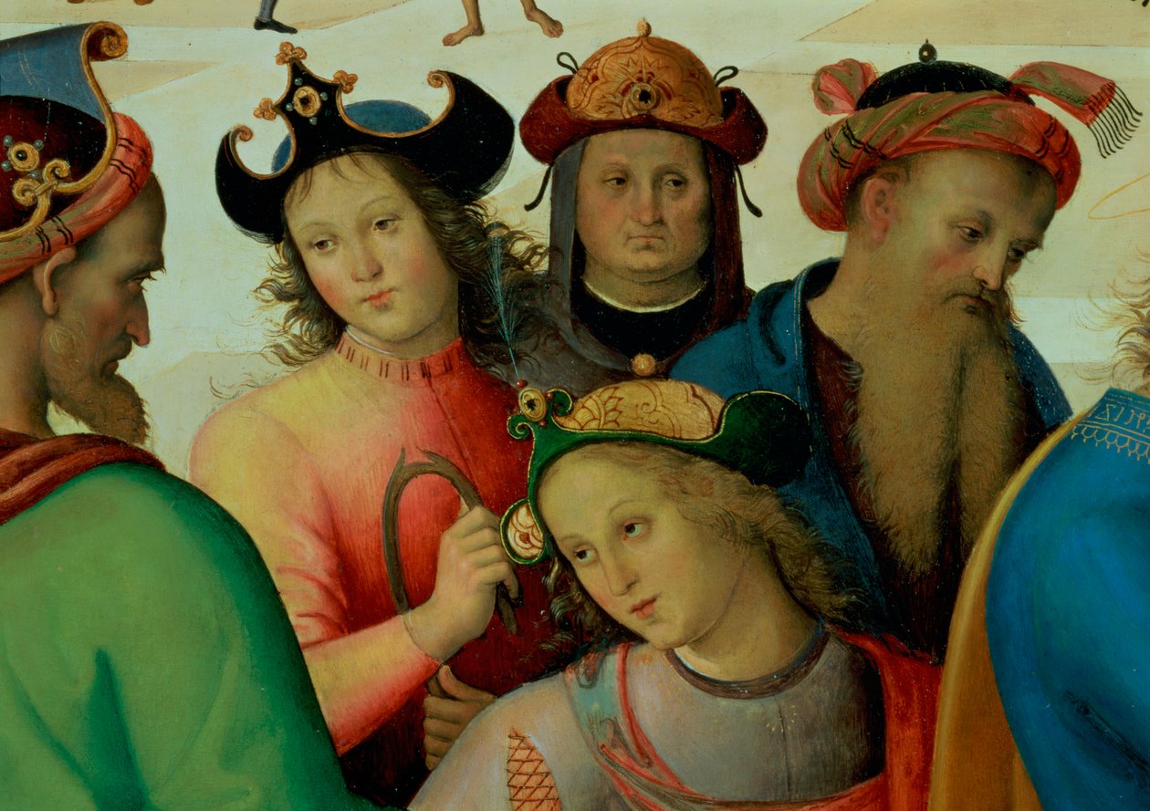Wesele Dziewicy, detal zalotników, 1500-04 olej na detalu panelu 53750 autorstwa Pietro Perugino