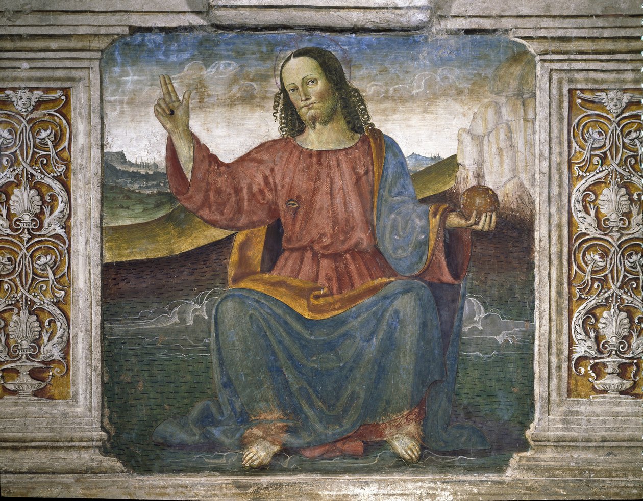 Odkupiciel, Jezus trzymający kulę ziemską i podnoszący rękę na znak błogosławieństwa (Fresco autorstwa Pietro Perugino