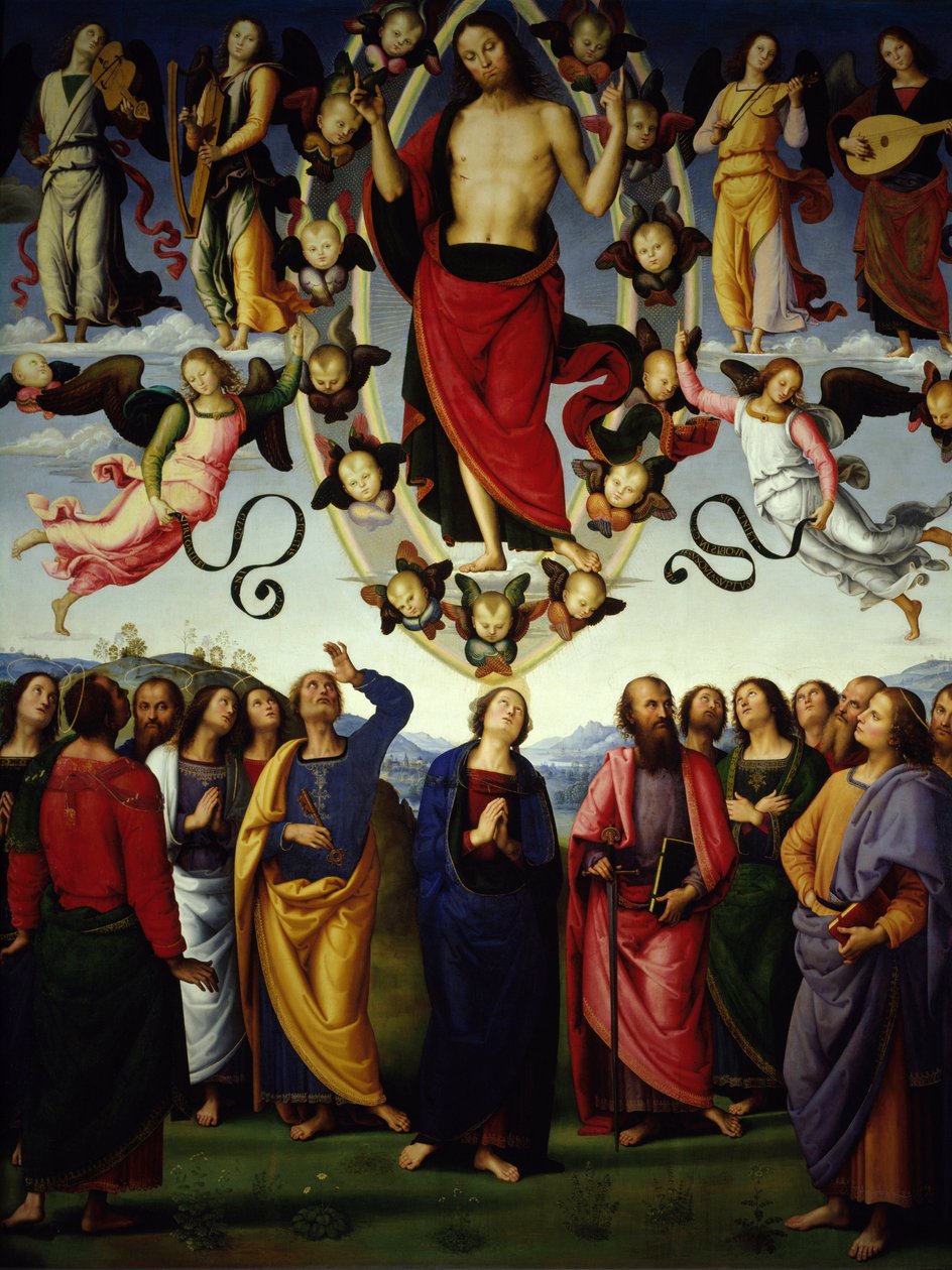 Wniebowstąpienie Chrystusa Jezusa Chrystusa jest przedstawione w mandorli. Szczegół. Obraz Pietro Vannucci dit Il Perugino autorstwa Pietro Perugino