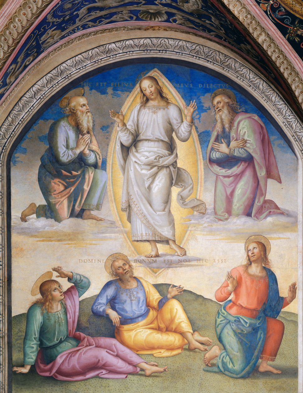 Przemienienie: Chrystus odziany w biel otoczony przez Mojżesza i Eliasza, poniżej apostoła Jana, Piotra i Jakuba autorstwa Pietro Perugino