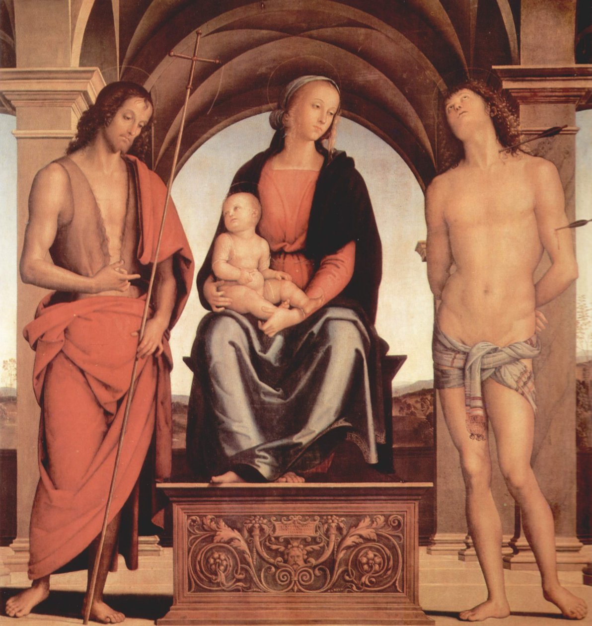 Madonna na tronie ze św. Janem Chrzcicielem i św. Sebastianem autorstwa Pietro Perugino