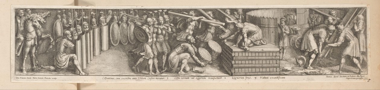 Żołnierze rozbijają obóz Constantinus, cum exercitu, ante Urbem Castra metatur (tytuł na obiekcie) Historia cesarza Konstantyna (tytuł serii) autorstwa Pietro Sante Bartoli