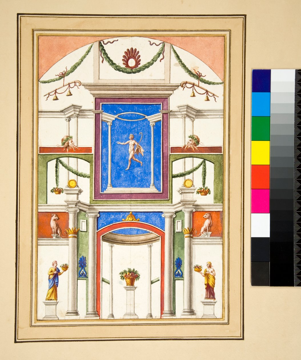 Udekorowana ściana (czarna kreda, niektóre piórem i brązowym tuszem. pokolorowane akwarelą) autorstwa Pietro Santi Bartoli
