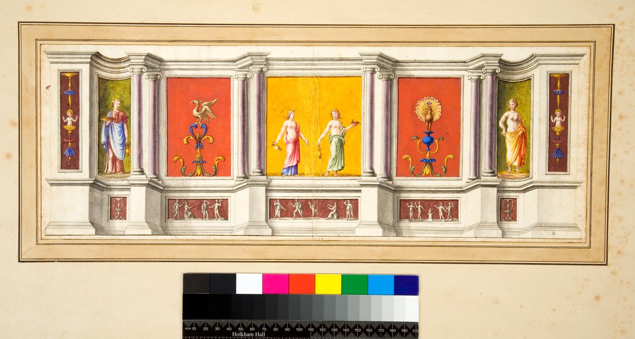 Długa ściana z siedmioma paneli z wąskim fryzem poniżej (czarna kreda, niektóre z piórem i brązowym atramentem. autorstwa Pietro Santi Bartoli