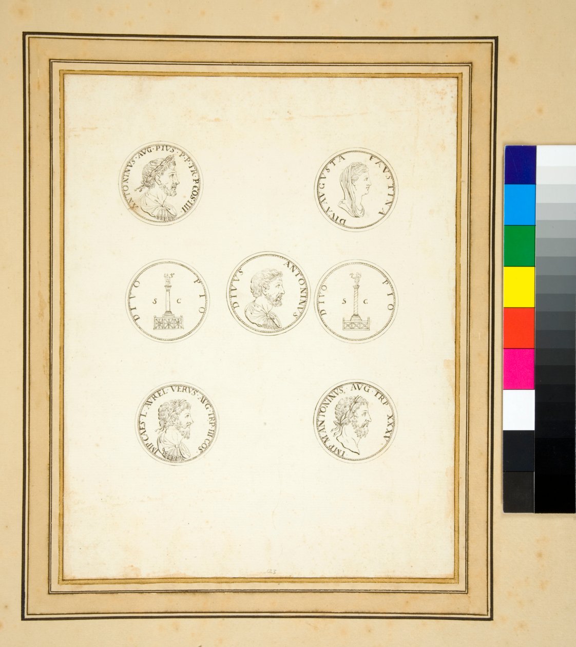 Monety przedstawiające kolumnę Antoninusa Piusa (atrament) autorstwa Pietro Santi Bartoli