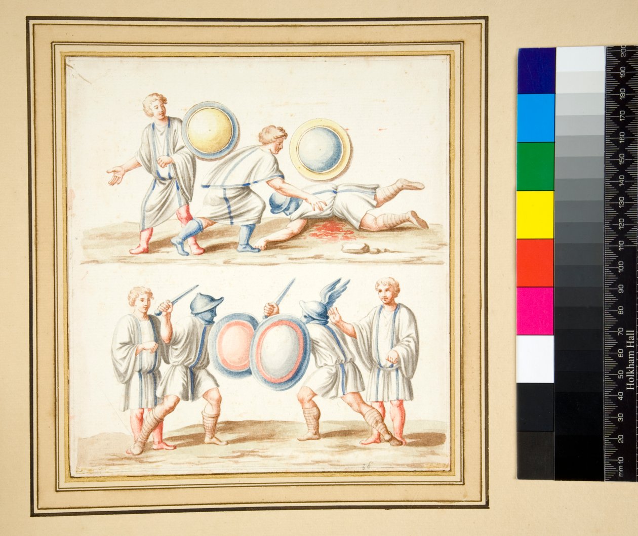 Kopia mozaiki przedstawiająca Dwóch gladiatorów (czarna kreda, niektóre z piórem i brązowym tuszem. Pokolorowane akwarelą) autorstwa Pietro Santi Bartoli