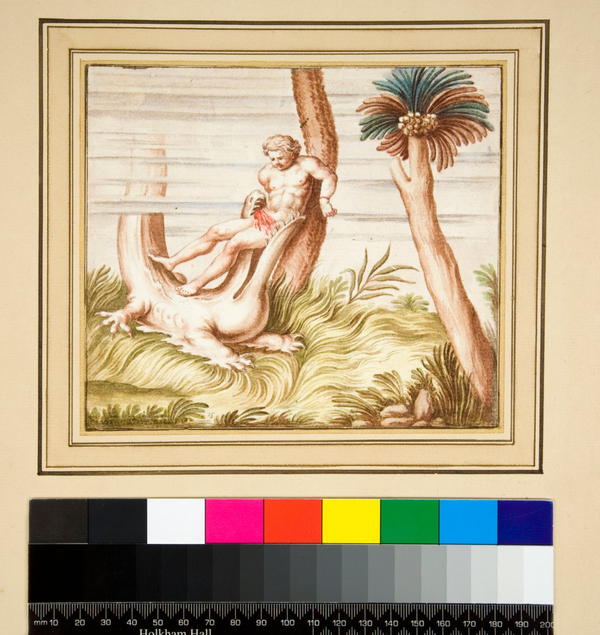 Kopia mozaiki przedstawiająca człowieka i krokodyla (czarna kreda, niektóre piórem i brązowym tuszem. Pokolorowane akwarelą) autorstwa Pietro Santi Bartoli