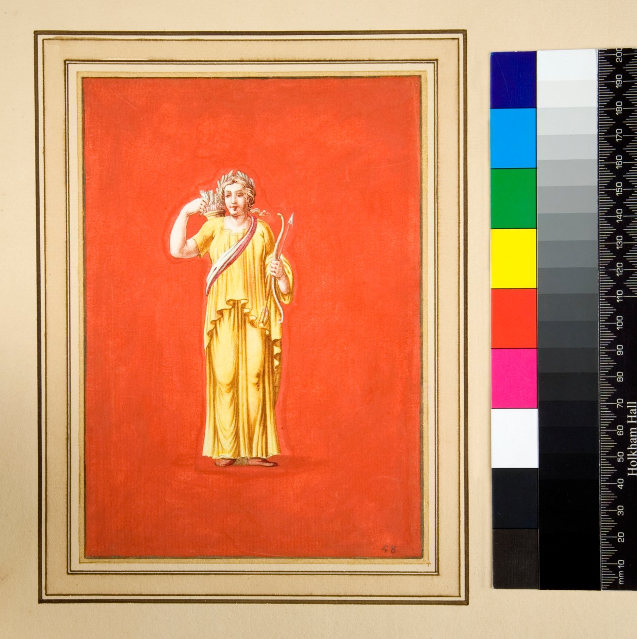 Figurka kobieca w kolorze żółtym, łuk i strzała w prawej ręce (czarna kreda, niektóre z piórem i brązowym tuszem. Pokolorowane akwarelą) autorstwa Pietro Santi Bartoli