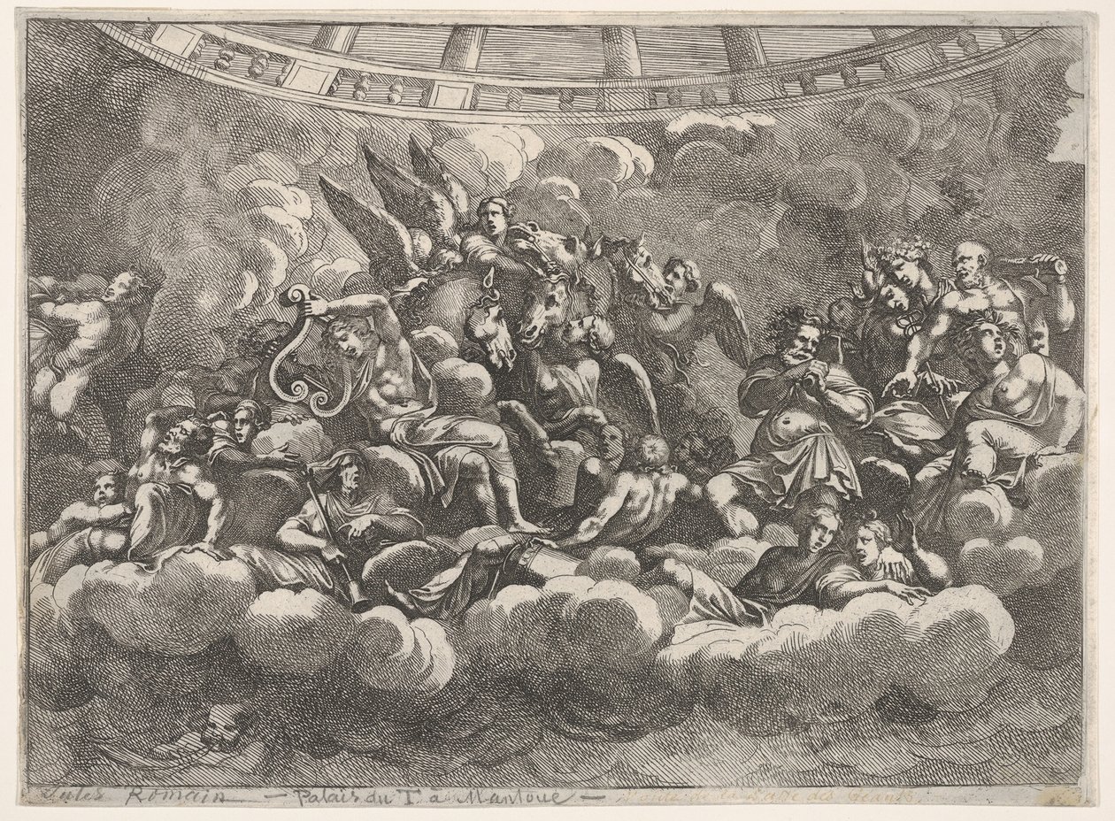 Zbiór różnych bogów olimpijskich i postaci mitologicznych wśród chmur, Apollo w ce..., ca. 1680. autorstwa Pietro Santi Bartoli
