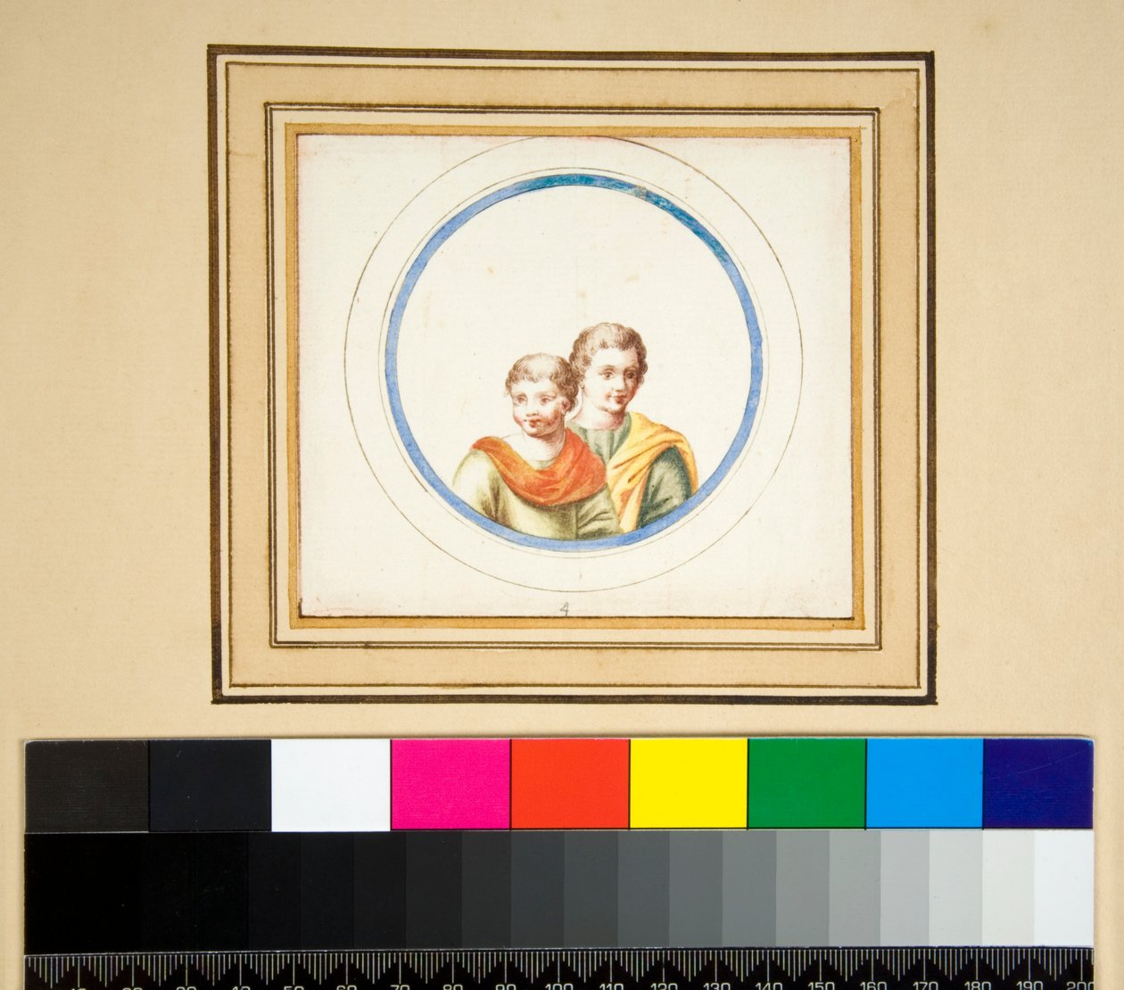 Mąż i żona (popiersia) w centralnym kole (czarna kreda, niektórzy z piórem i brązowym atramentem. pokolorowane akwarelą) autorstwa Pietro Santi Bartoli