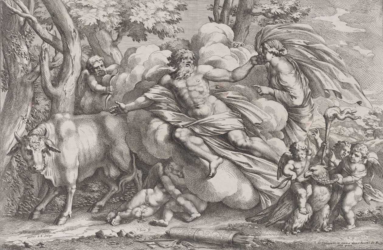 Io po lewej jak krowa, Jowisz na chmurze pośrodku i Juno po prawej z pu..., 1650-90. autorstwa Pietro Santi Bartoli