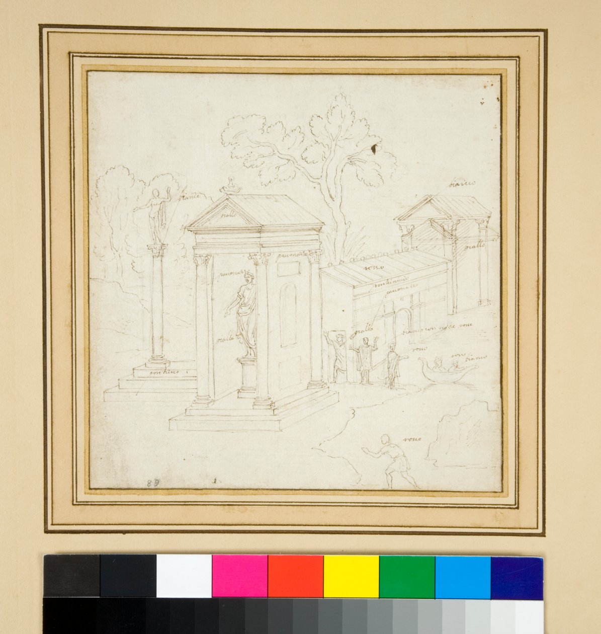 Malarstwo pejzażowe z architekturą (pióro i tusz) autorstwa Pietro Santi Bartoli