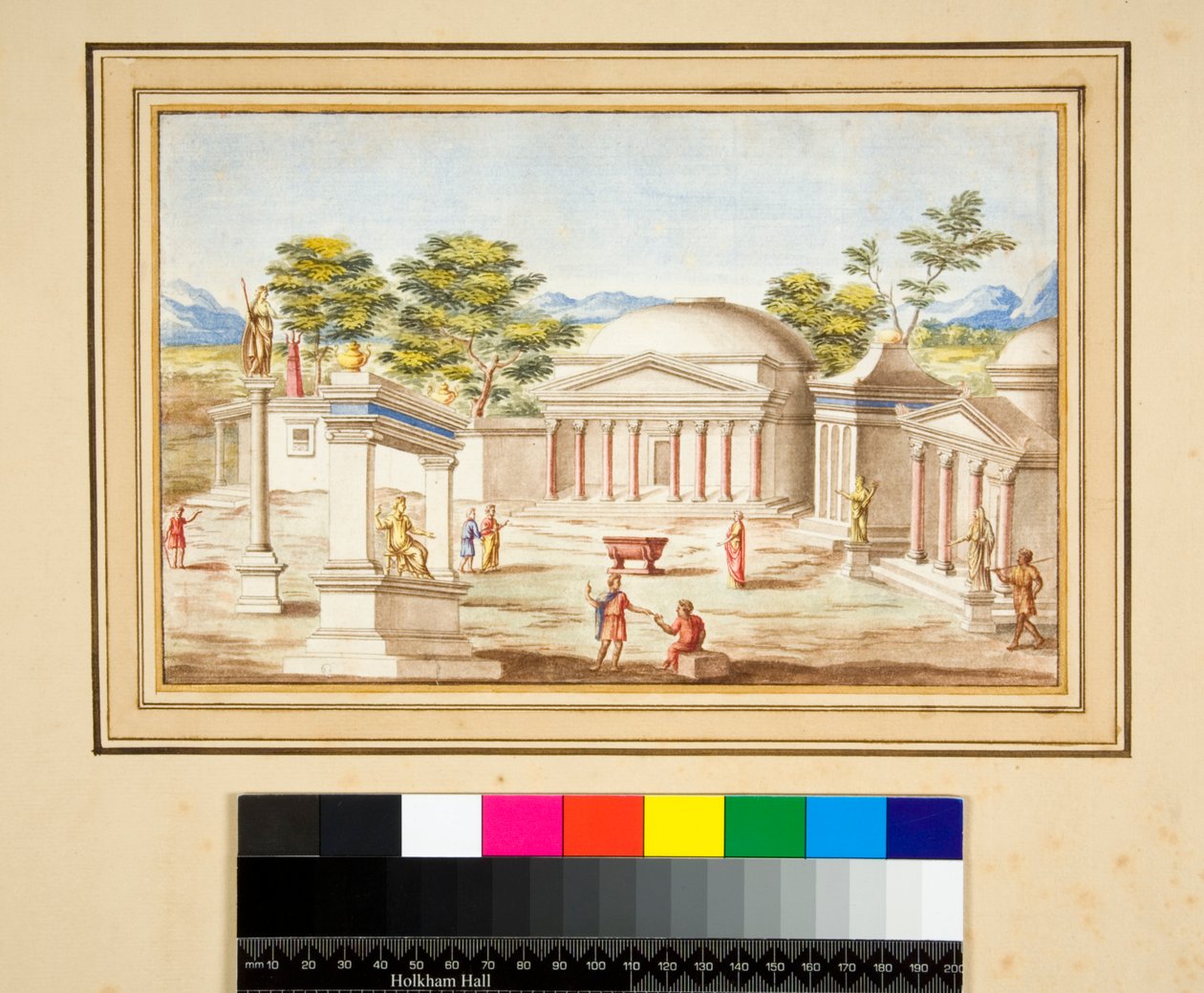 Pejzaż z Panteonem (czarna kreda, niektóre z piórem i brązowym tuszem. pokolorowane akwarelą) autorstwa Pietro Santi Bartoli