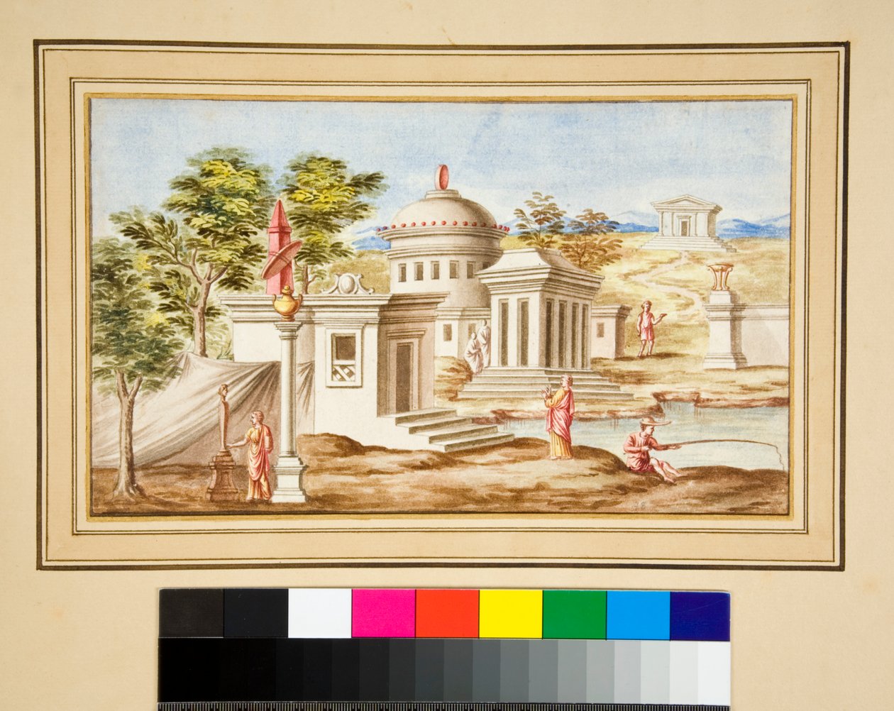 Duży projekt ściany z obrazami. (czarna kreda, niektóre piórem i brązowym tuszem. zabarwione akwarelą) autorstwa Pietro Santi Bartoli