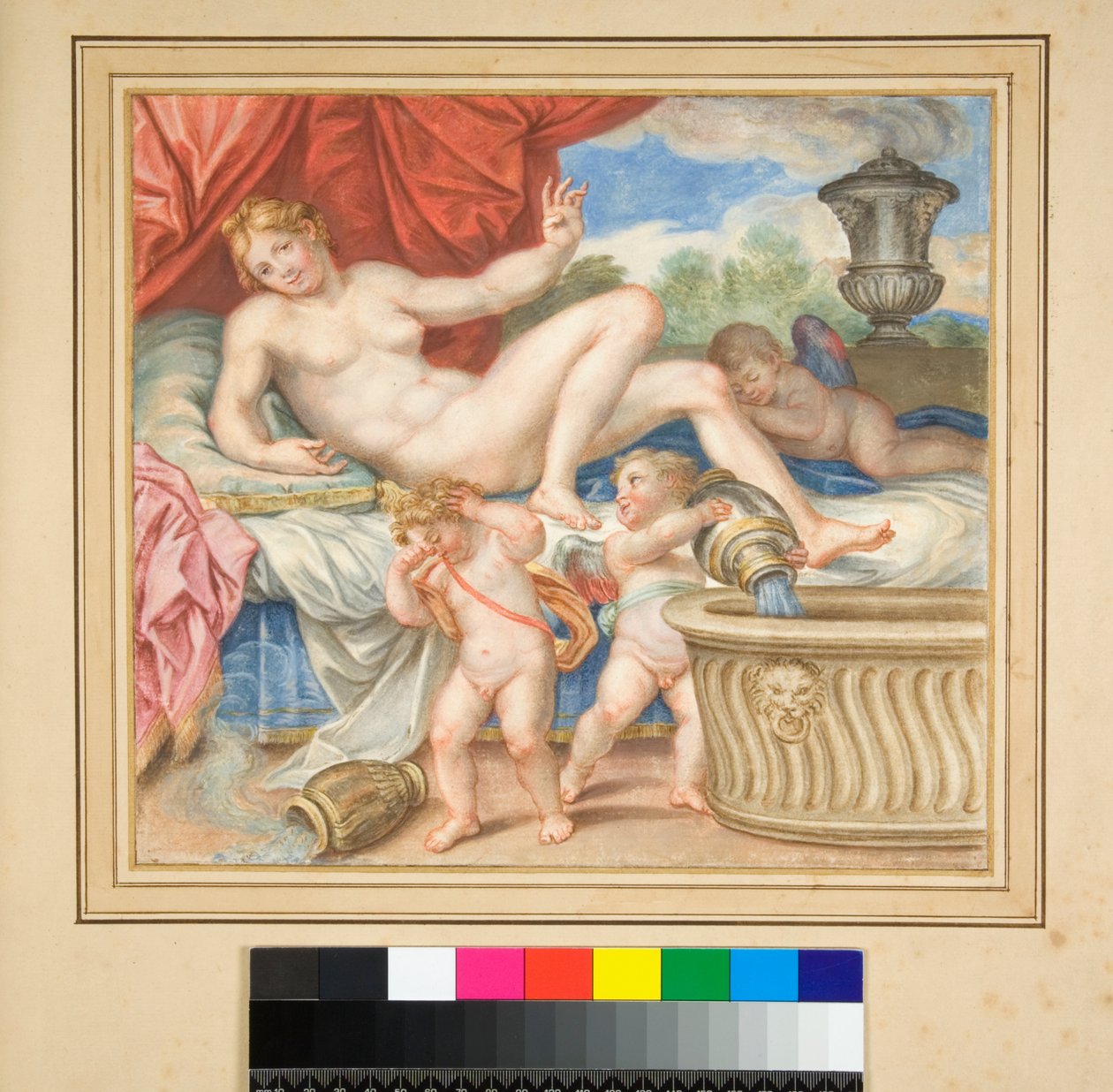 Leżący Danae z pokazanymi amorkami autorstwa Pietro Santi Bartoli