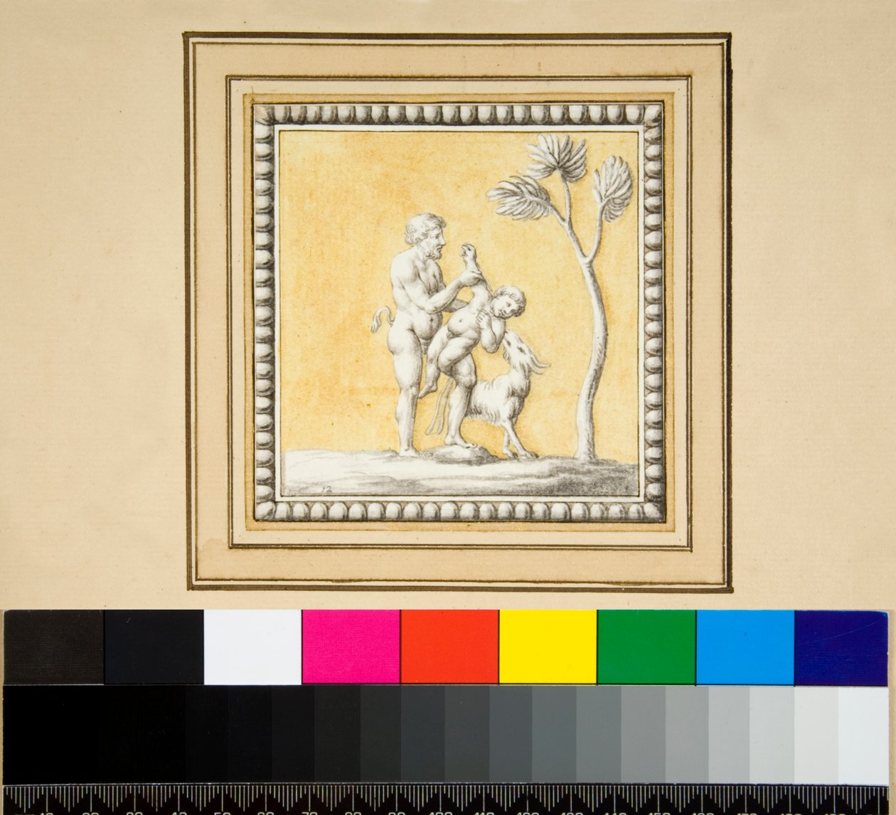 Trzy srebrne panele z przodu drewnianej skrzyni (czarna kreda, niektóre z piórem i brązowym tuszem. zabarwione akwarelą) autorstwa Pietro Santi Bartoli