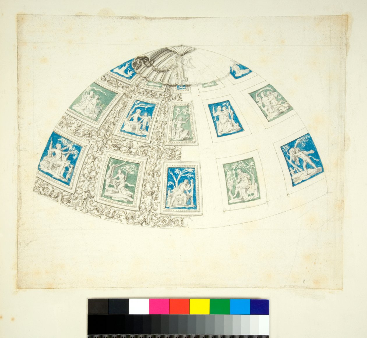Sklepienie Willi Madama (czarna kreda, niektóre piórem i brązowym tuszem. zabarwione akwarelą) autorstwa Pietro Santi Bartoli
