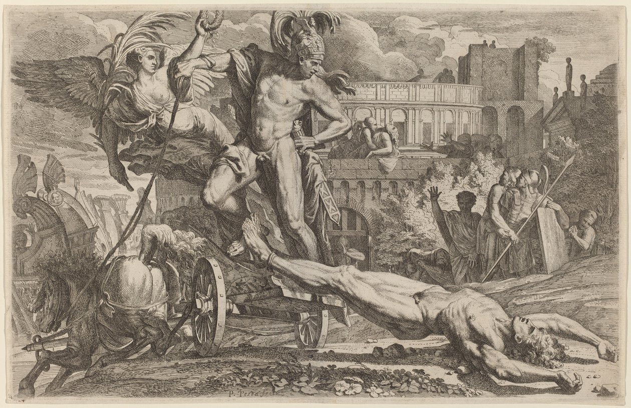 Achilles ciągnący ciało Hektora autorstwa Pietro Testa