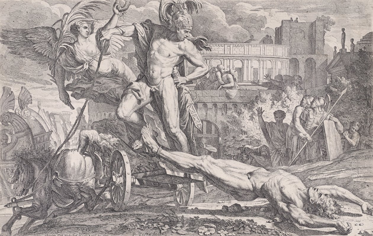 Achilles ciągnący ciało Hektora po murach Troi, 1648-50. autorstwa Pietro Testa