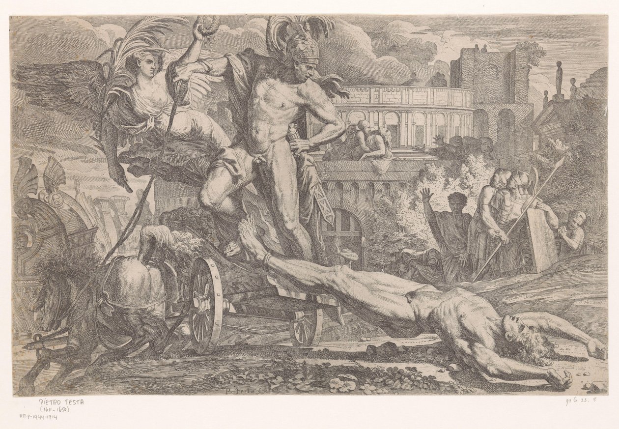 Achilles ze zwłokami Hectora za jego rydwanem autorstwa Pietro Testa