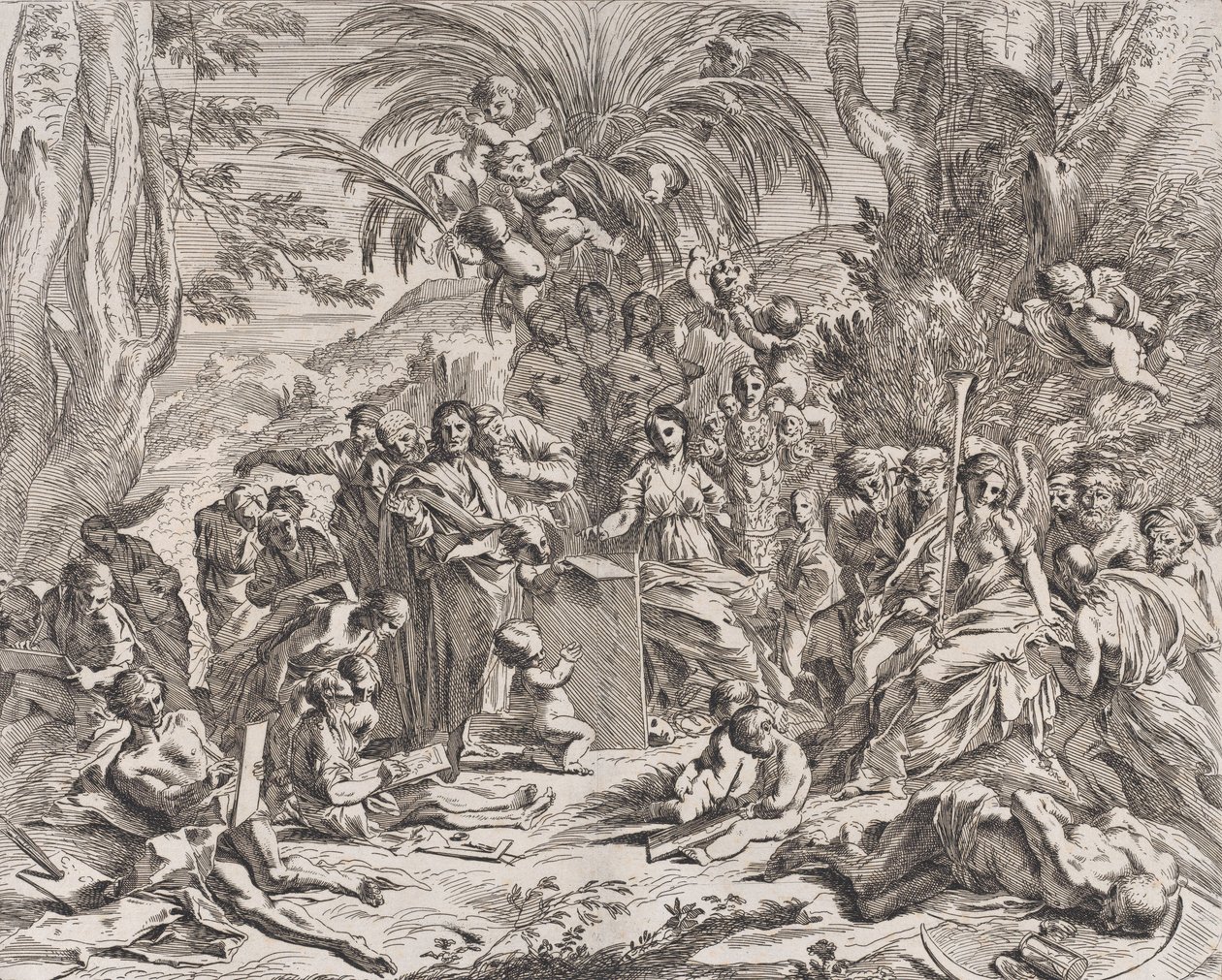 Alegoria malarstwa, które jako dziecko w centrum lewej kreśli na tablicy, otacza..., 1637-38. autorstwa Pietro Testa