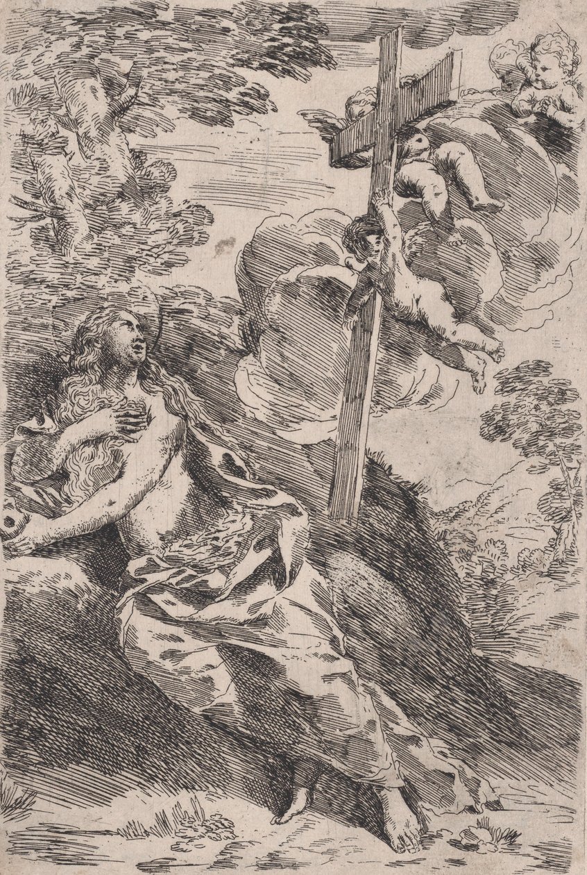 Maria Magdalena na pustyni, po prawej krzyż niesiony przez anioły, ok. godz. 1630. autorstwa Pietro Testa
