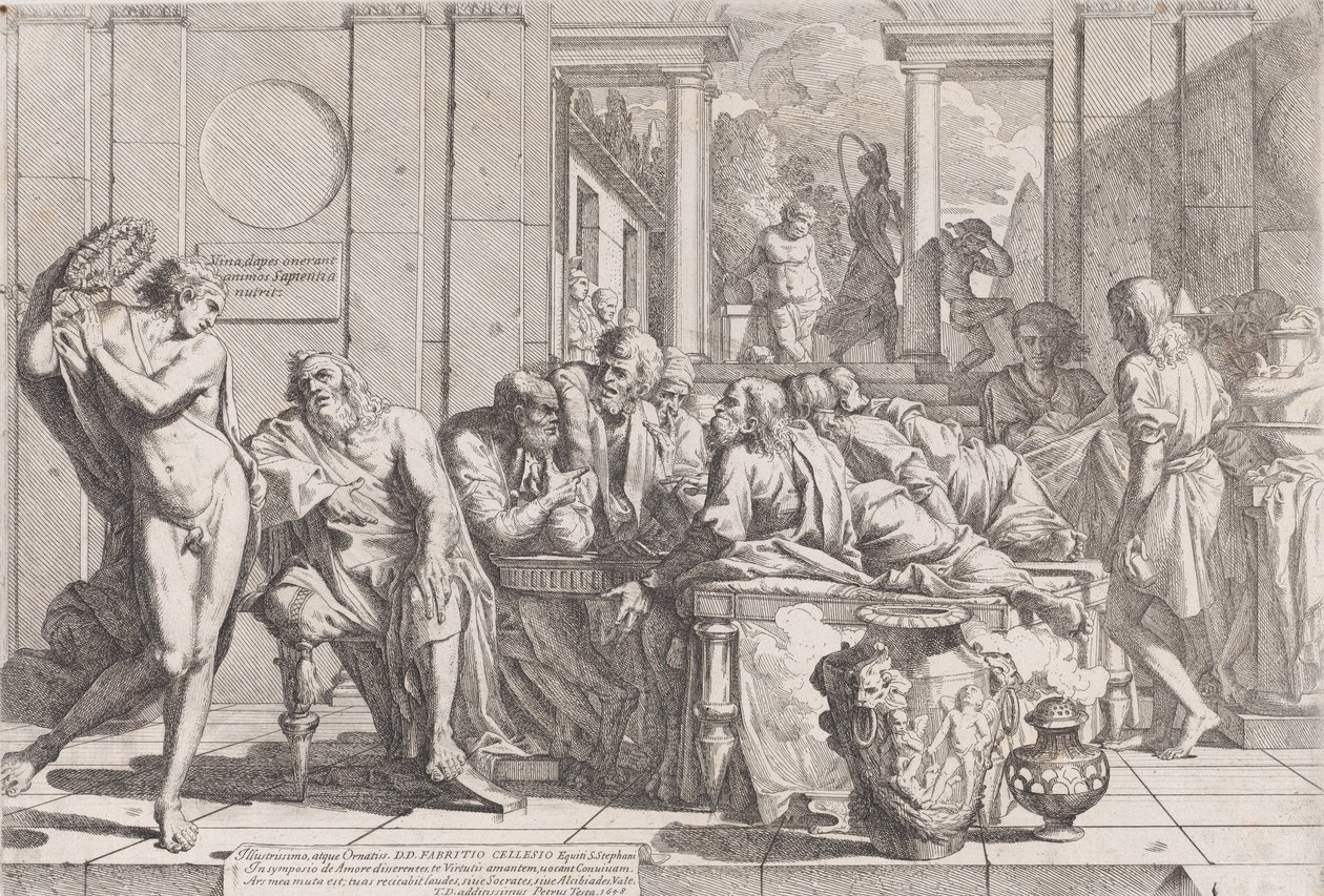Sympozjum Platona: Sokrates i jego towarzysze zasiadający przy stole dyskutujący o idealnej miłości..., 1648. autorstwa Pietro Testa