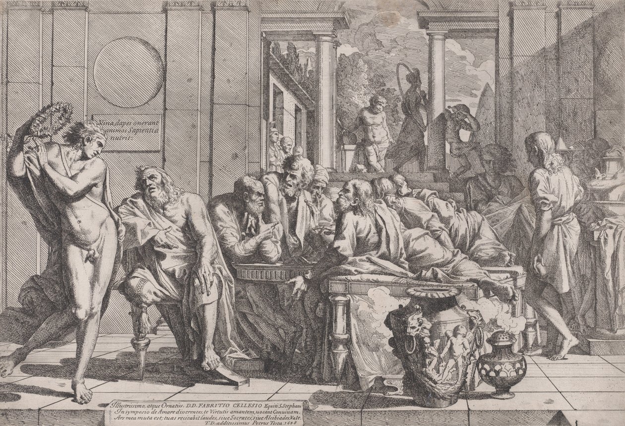 Sympozjum Platona: Sokrates i jego towarzysze zasiadający przy stole dyskutujący o idealnej miłości..., 1648. autorstwa Pietro Testa