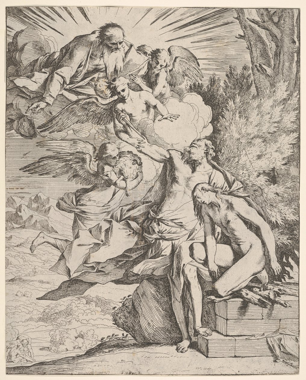 Ofiara Izaaka: anioł naciska na niosące sztylet ramię Abrahama, który…, ok. 1645-50. autorstwa Pietro Testa