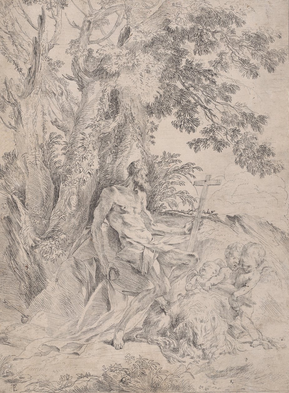 Święty Hieronim przed krucyfiksem w towarzystwie lwa i trzech puttów, ca. 1631-37. autorstwa Pietro Testa