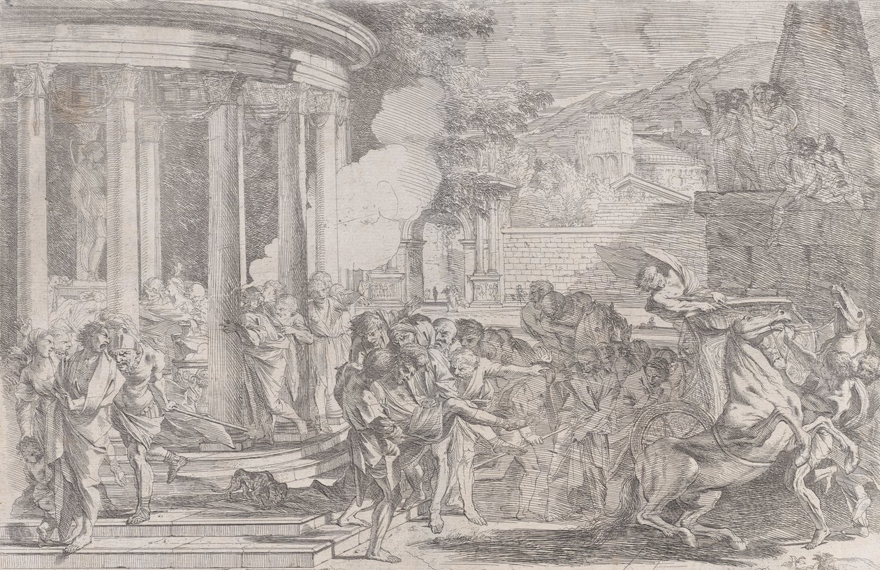 Sinorix wyniesiony ze świątyni Artemidy próbujący uciec przed skutkami trucizny..., ca. 1640. autorstwa Pietro Testa