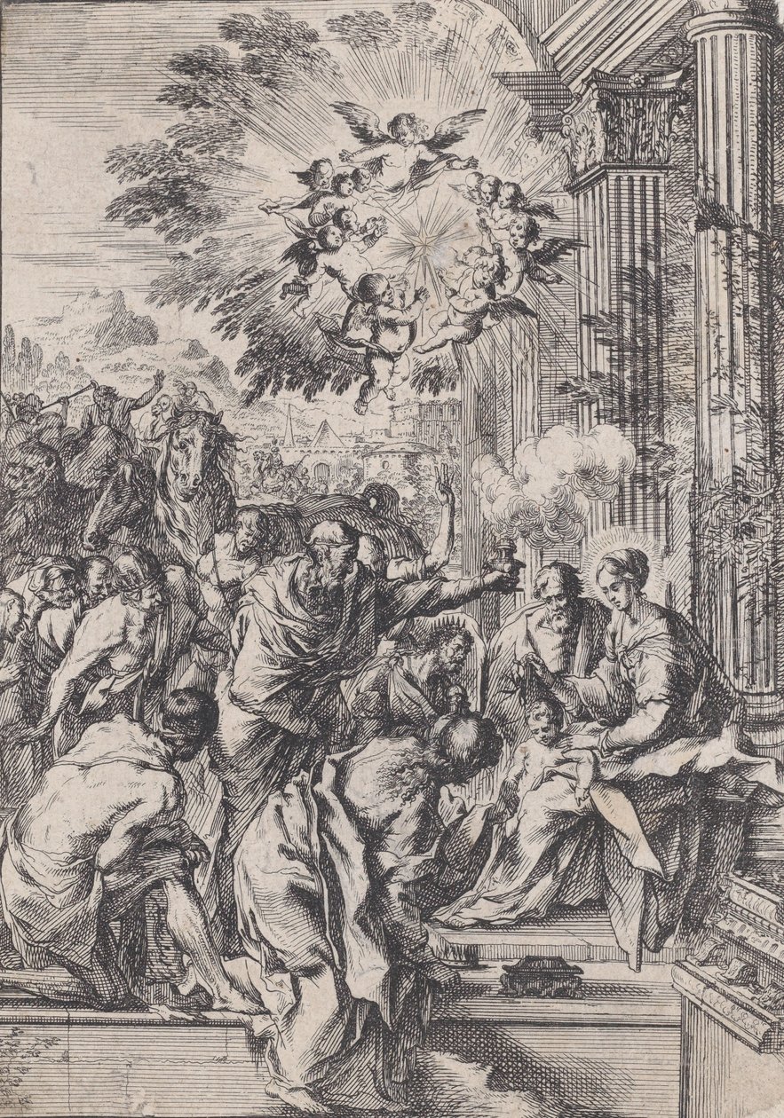 Adoracja Trzech Króli, ustawiona przed i architektoniczna kolumnada, ca. 1640. autorstwa Pietro Testa