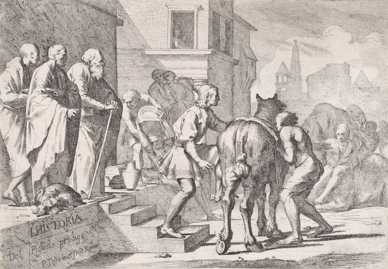 Odejście syna marnotrawnego, ukazanego na dosiadaniu konia, z serii czterech..., ca. 1645. autorstwa Pietro Testa