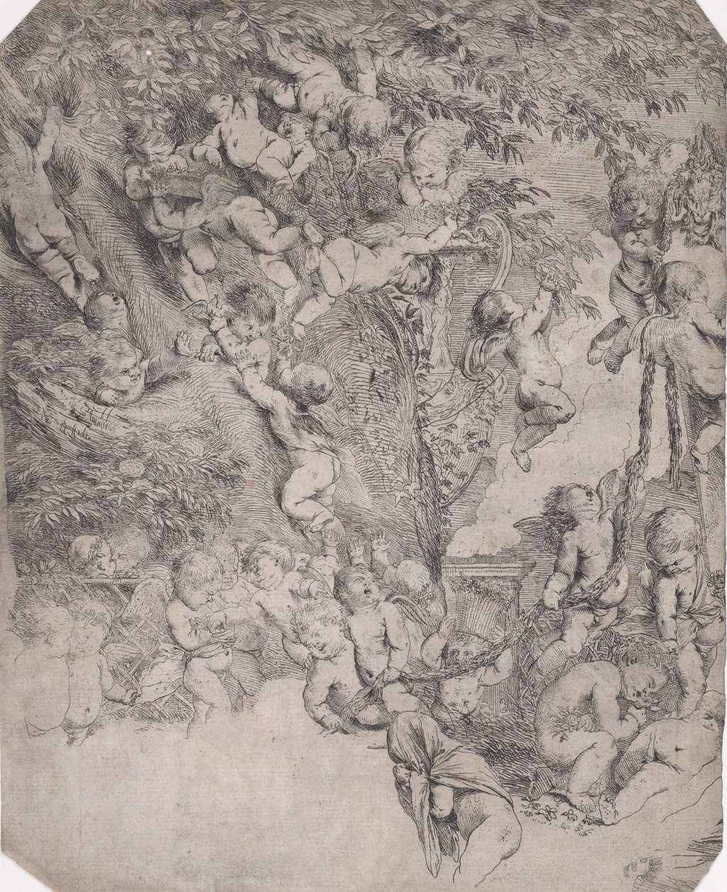 Ogród Wenus, odcisk dowodowy lewego górnego rogu, ca. 1631-37. autorstwa Pietro Testa