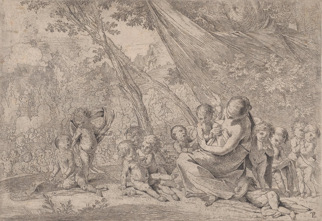 Ogród Miłosierdzia, kobieta reprezentująca Miłosierdzie z prawej strony otoczona dziećmi, ..., ok. godz. 1631-37. autorstwa Pietro Testa