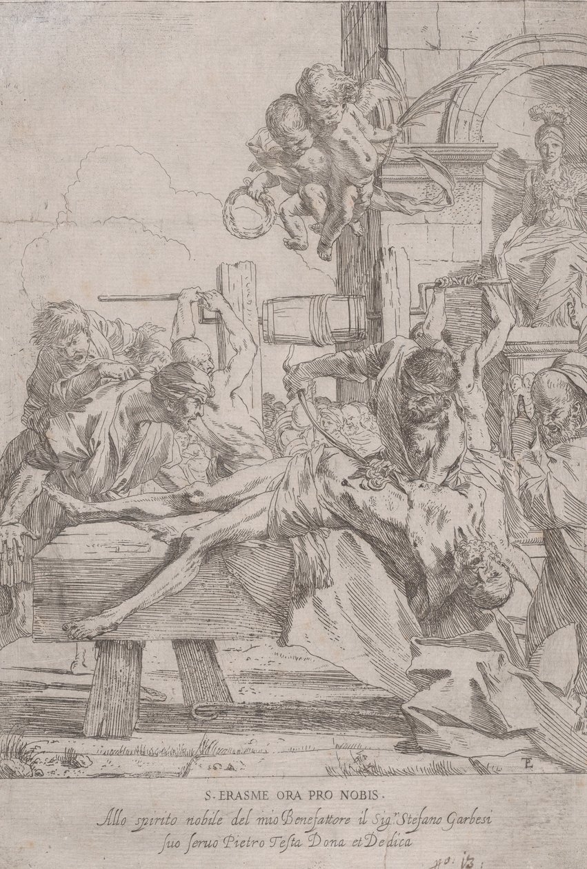 Męczeństwo św. Erazma, który leży na ziemi z usuniętymi wnętrznościami, dwiema puttami a..., ca. 1630. autorstwa Pietro Testa
