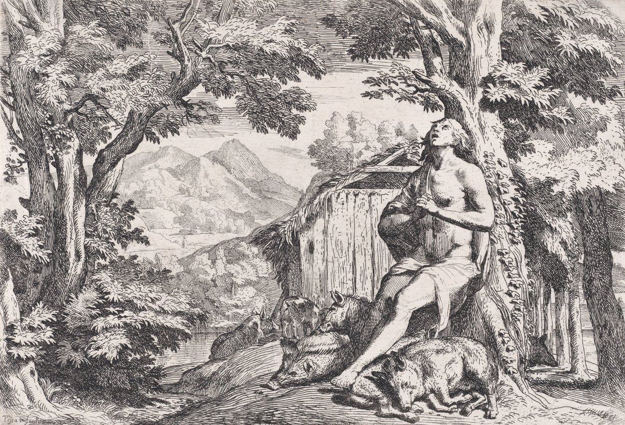 Syn marnotrawny wśród świń, z serii czterech rycin, 1645. autorstwa Pietro Testa