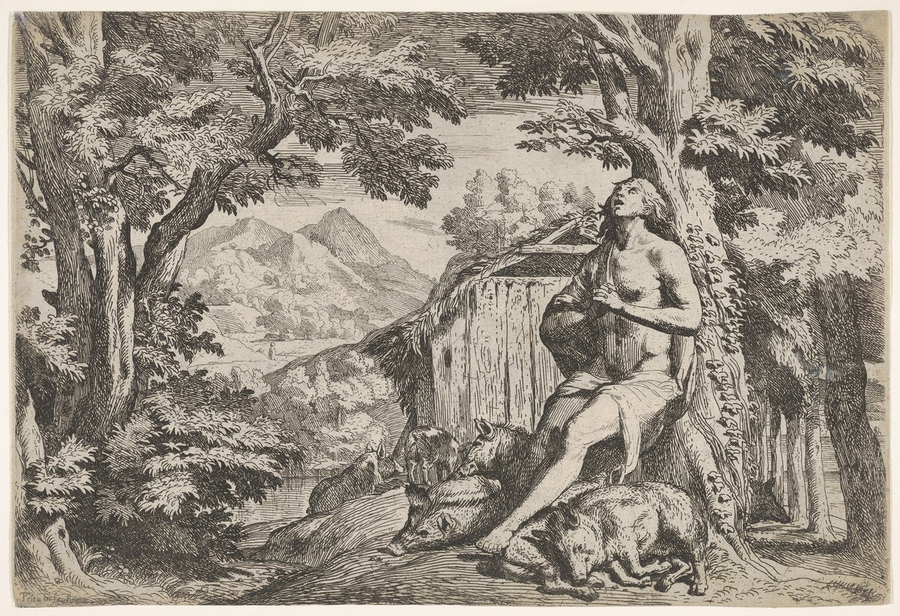 Syn marnotrawny siedzący u podstawy drzewa wśród świń, wzrok skierowany w górę..., ok. godz. 1640-50. autorstwa Pietro Testa