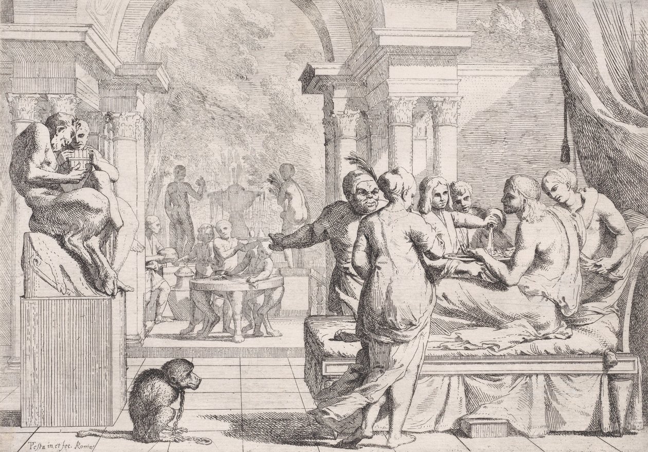Syn marnotrawny siedzący na kanapie przy winie, biesiadnicy w tle, mo..., ca. 1645. autorstwa Pietro Testa