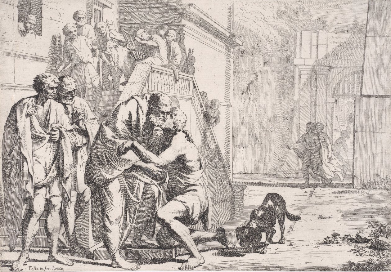 Powrót syna marnotrawnego, ojca obejmującego syna, z serii..., ca. 1645. autorstwa Pietro Testa
