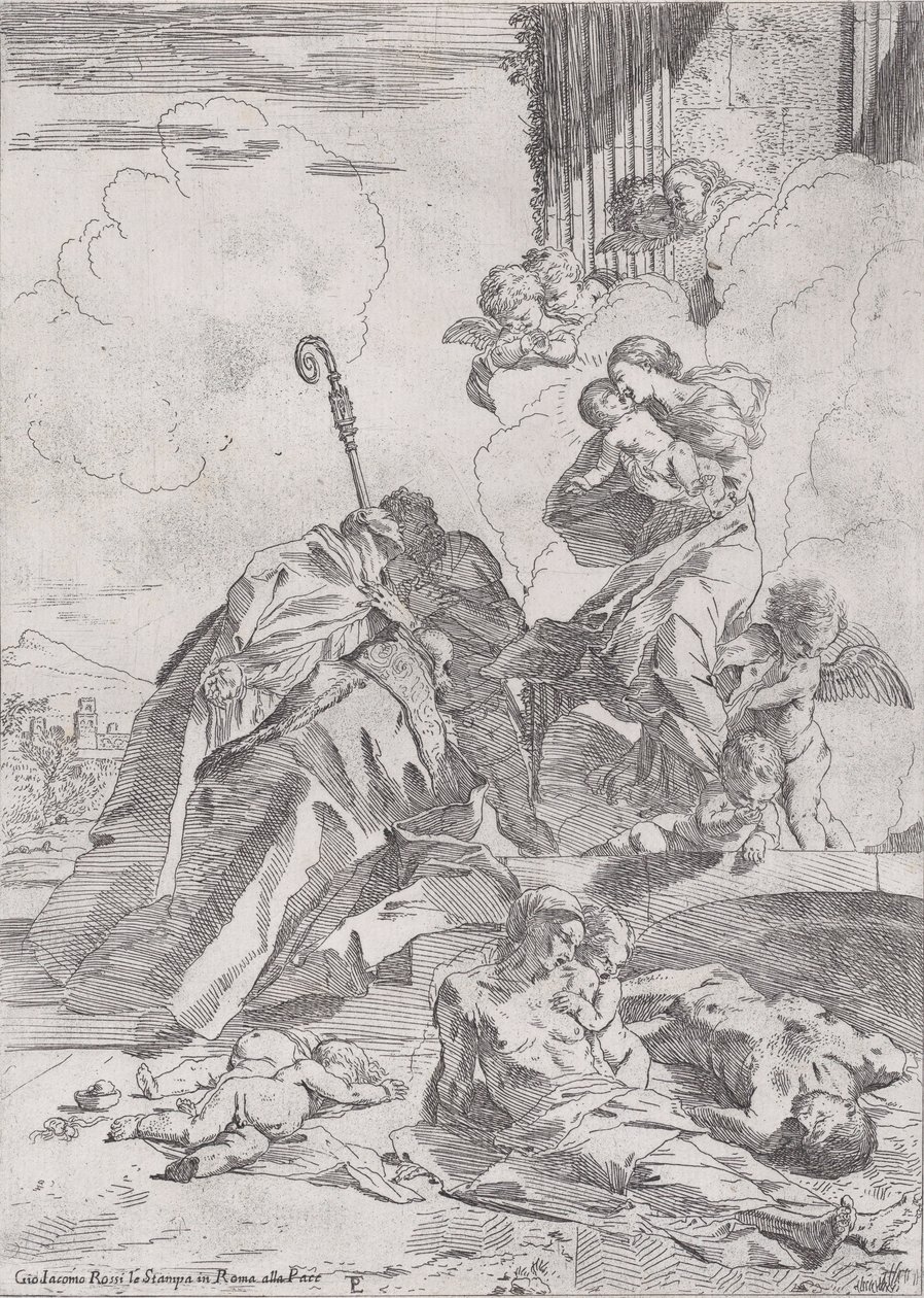Trzej święci Lucchese św. Mikołaj Tolentino, Mikołaj z Bari wstawiający się u..., ca. 1630-31. autorstwa Pietro Testa