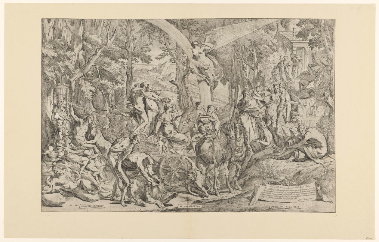 Triomf van de schilderkunst op de Parnassus Wyraża swoje uczucia/ zasługuje na ukłon/ triumfuje nad Parnasem (tytuł na obiekcie) autorstwa Pietro Testa