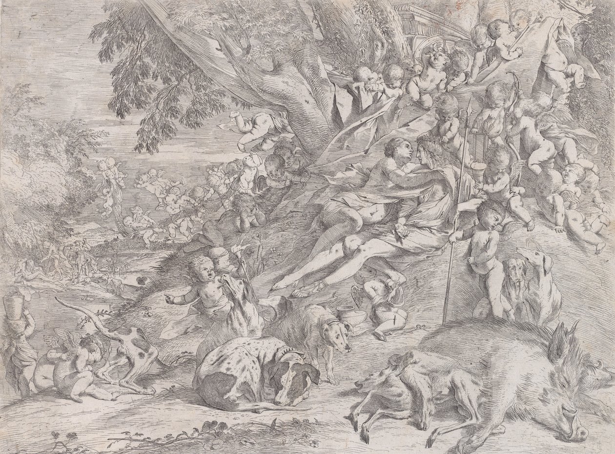 Wenus i Adonis, otoczeni licznymi puttami, wylegujący się po polowaniu, z martwym dzikiem…, 1631-37. autorstwa Pietro Testa