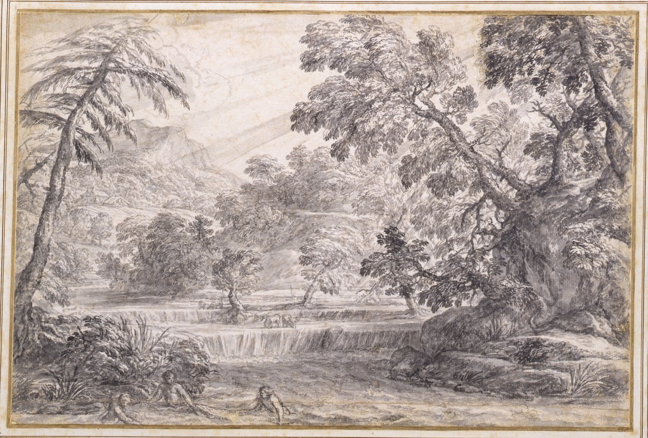 Zalesiony krajobraz rzeki, ok. 1650 (czarna kreda, pędzel i szary tusz z szarym washem na papierze) autorstwa Pietro da Cortona