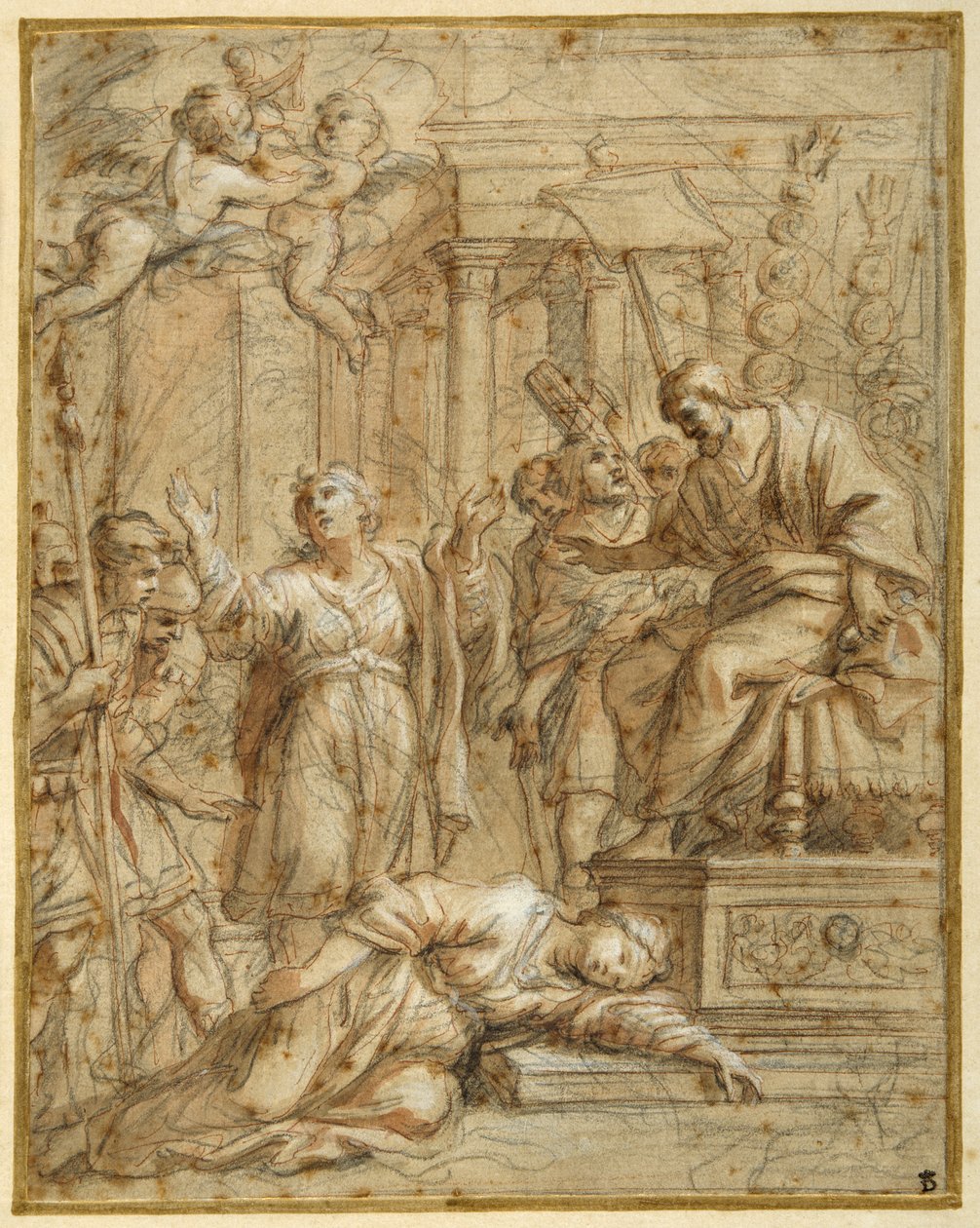 Św. Bibiana umęczona przed prefektem Apronianusem (czarna kreda z piórem i atramentem i pranie na papierze) autorstwa Pietro da (1596 1669) Cortona