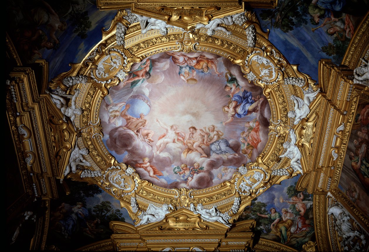 Cosimo I de Medicis (Kosimo I z Toskanii) (1519-1574) Przewodnik przez chwałę i cnotę przed Apollem (Kosimo I de Medici, wielki książę Toskanii prowadzony przed Apollem przez chwałę i cnotę) Fresk Pietro da Cortona (Berrettini) (1596-1669) Florencja, Palaz autorstwa Pietro da Cortona