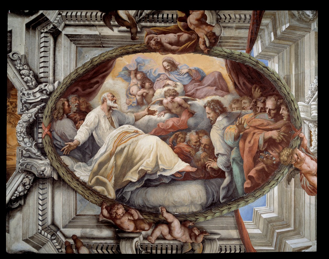 Odnalezienie św. Filipa po objawieniu dziewicy Fresk ze świty autorstwa Pietro da Cortony (Piotra z Cortony) (1596-1669) 1652 Rzym, sala czerwona Kościół Santa Maria in Vallicella Włochy autorstwa Pietro da Cortona