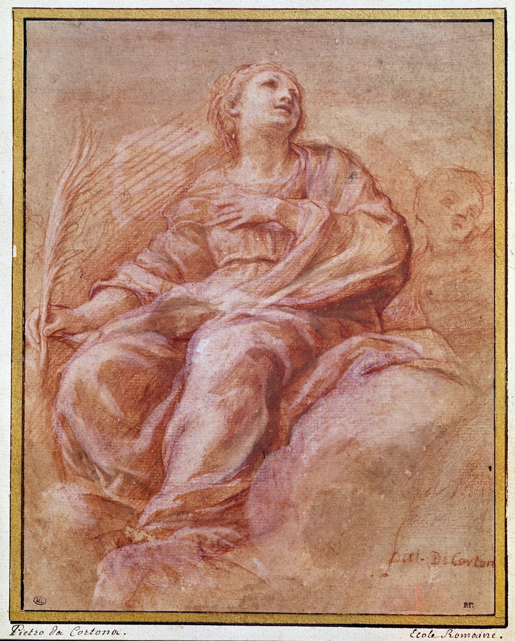 Reprezentacja świętego Firmine siedzącego na chmurach. Rysunek ołówkiem autorstwa Pietro Berrettiniego znanego jako Pierre de Cortona lub Pietro da Cortona (1596-1669). 1647. wym. 0,26x0,22 m. Paryż, Luwr, firma rysunkowa autorstwa Pietro da Cortona