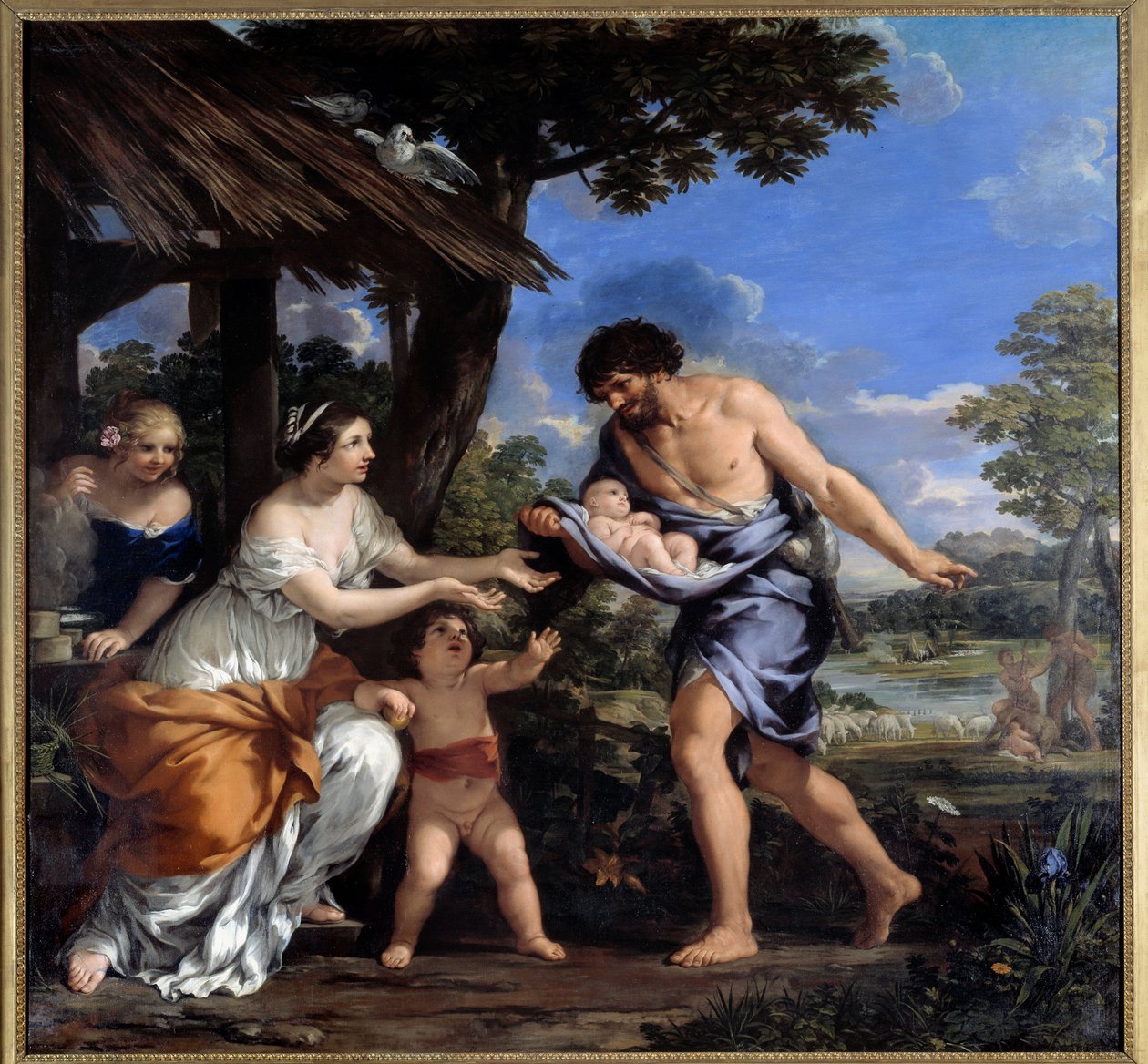 Romulus i Remus odebrane przez Faustulusa i jego żonę Acca Laurentia Obraz Pierre de Cortona (Pietro Berrettini dit Pietro da Cortona (1596-1669). 1643 nd. 2,51x2,65 m autorstwa Pietro da Cortona