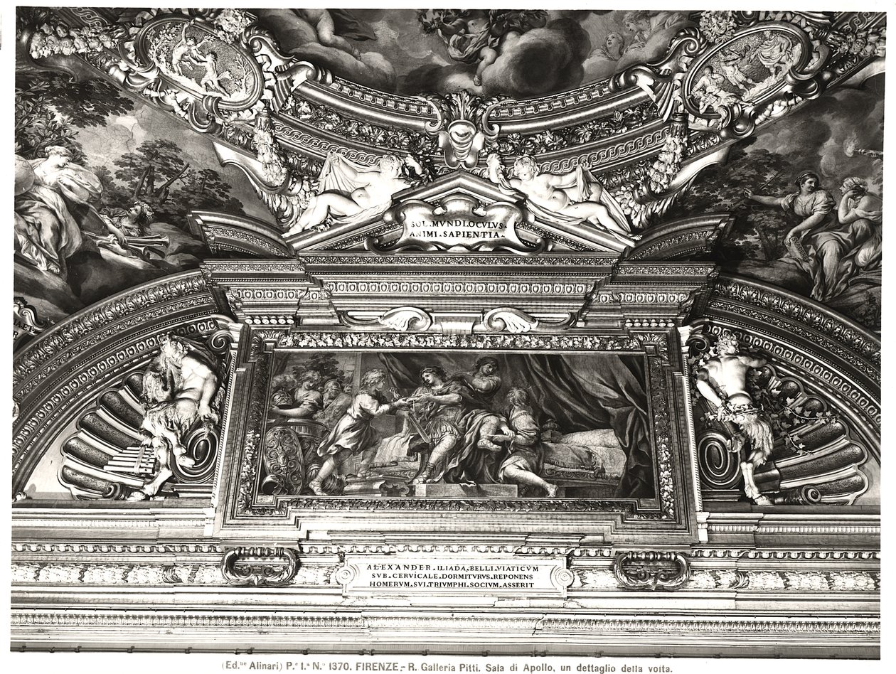 Detal dekoracji sufitu "Sala di Apollo" (Sala Apolla) przedstawiający Aleksandra czytającego Homera (fresk) (zdjęcie czarno-białe) autorstwa Pietro da Cortona